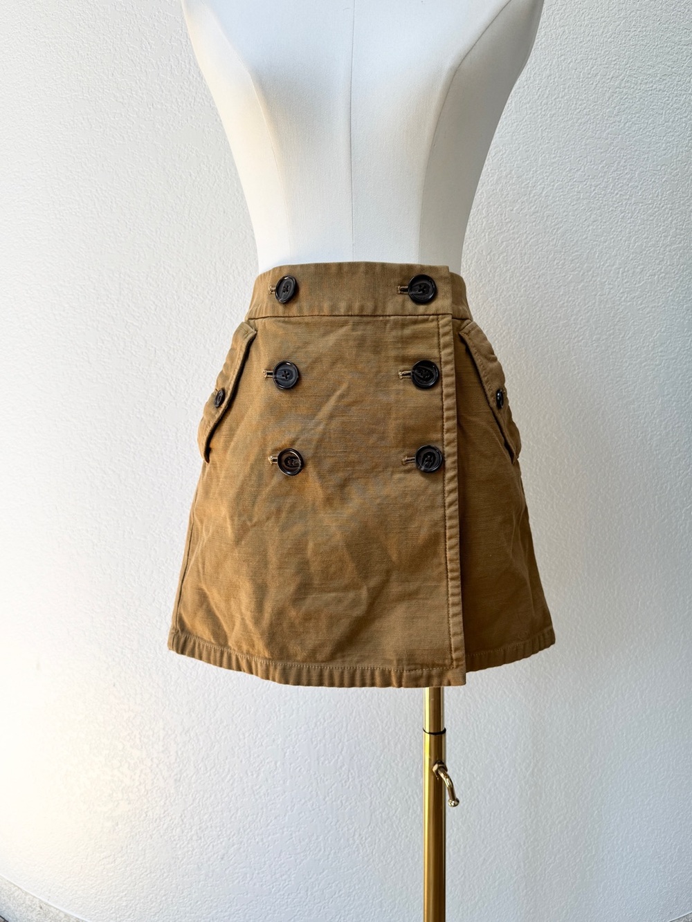 J.Crew Retro Mod Military Academia Camel Tan Button-Front Mini Skirt 2 Cotton - Picture 2 of 5